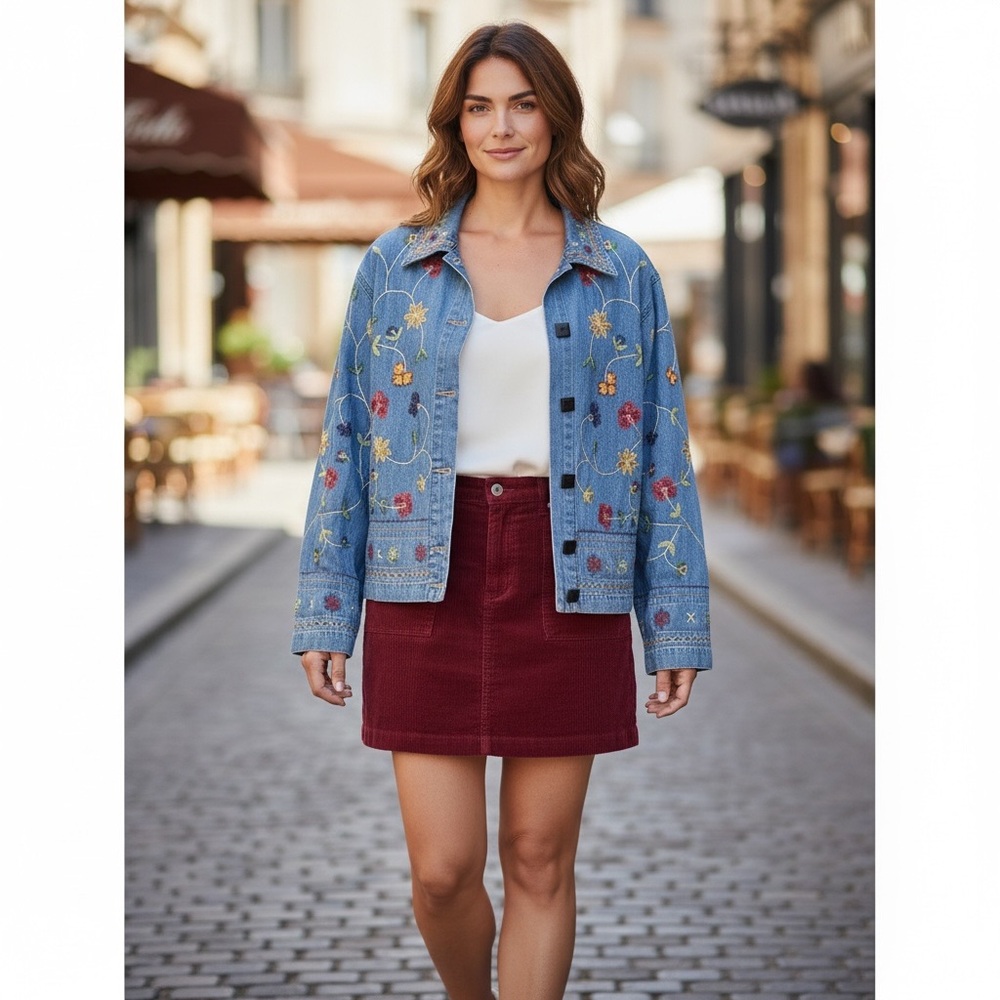 Studio Works Blue Jean Jacket with Floral Embroidery EUC